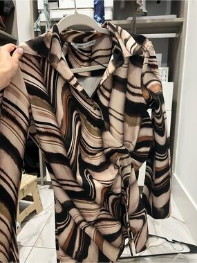 Zara Marbled Wrap Dress in Cream, Black & Brown